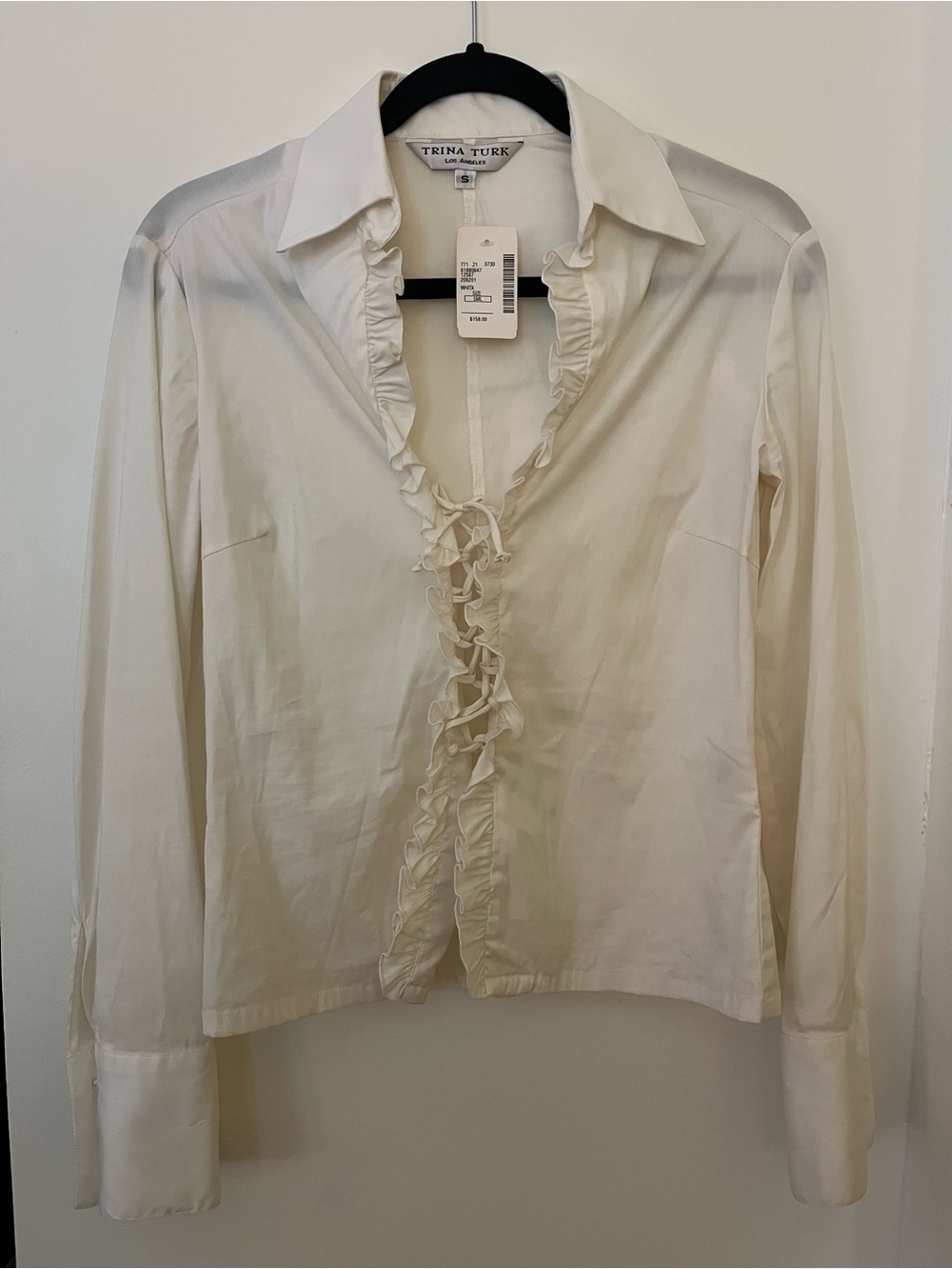 Trina Turk NWT Vintage White Ruffle Lace Up Long Sleeve Blouse S